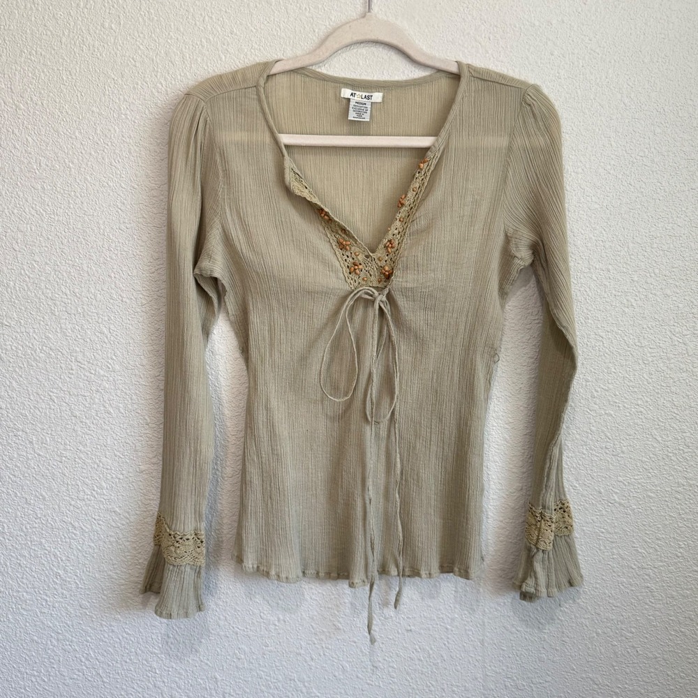 Y2K At Last Sage Green Cotton Gauze Crochet Bead Boho Bell Sleeve‎ Tie Front Top